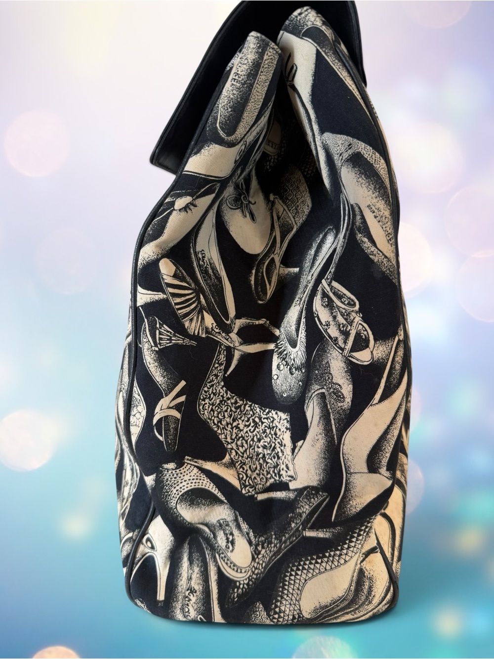Salvatore Ferragamo Black and Cream Shoe-Print Travel Tote with Gold Hardware - Picture 7 of 15